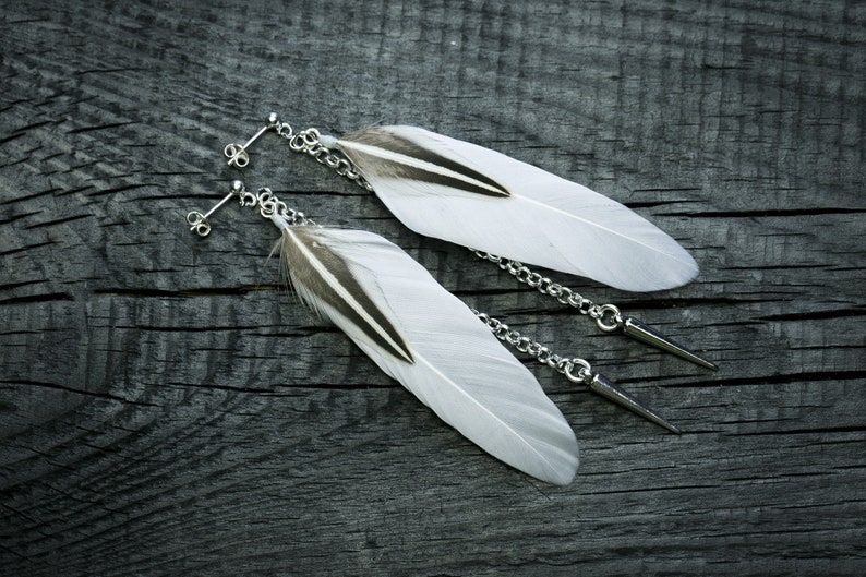 Silver spike feather earrings Long feather earrings Long spike earrings White feather earrings Gift for her Silver spike dangle earring Hoop
