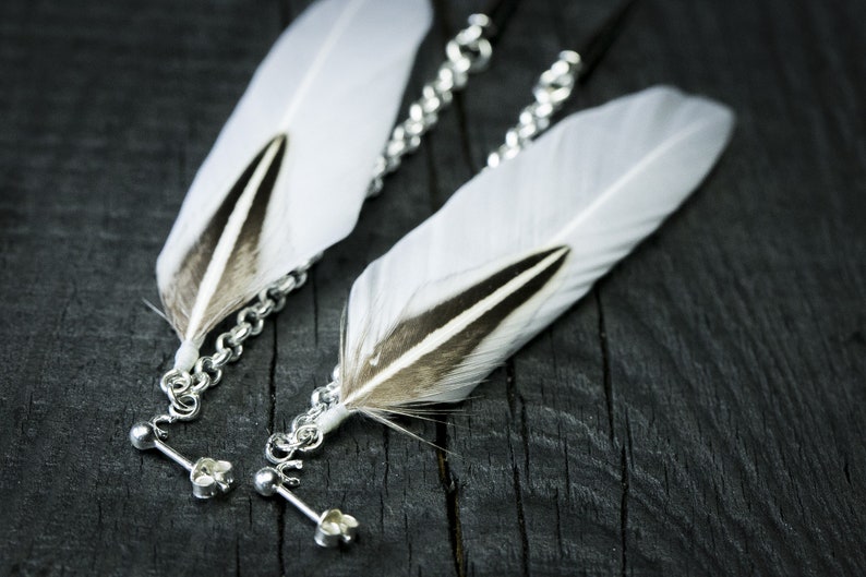 Silver spike feather earrings Long feather earrings Long spike earrings White feather earrings Gift for her Silver spike dangle earring Hoop