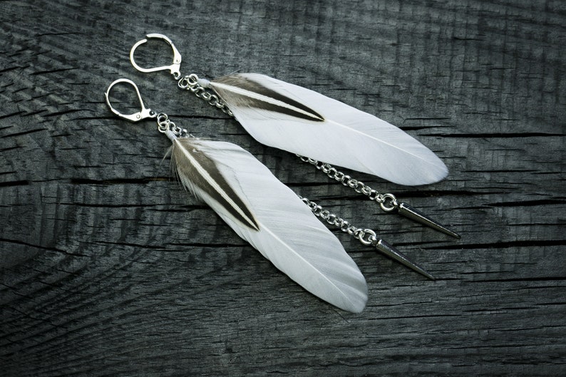 Silver spike feather earrings Long feather earrings Long spike earrings White feather earrings Gift for her Silver spike dangle earring Hoop