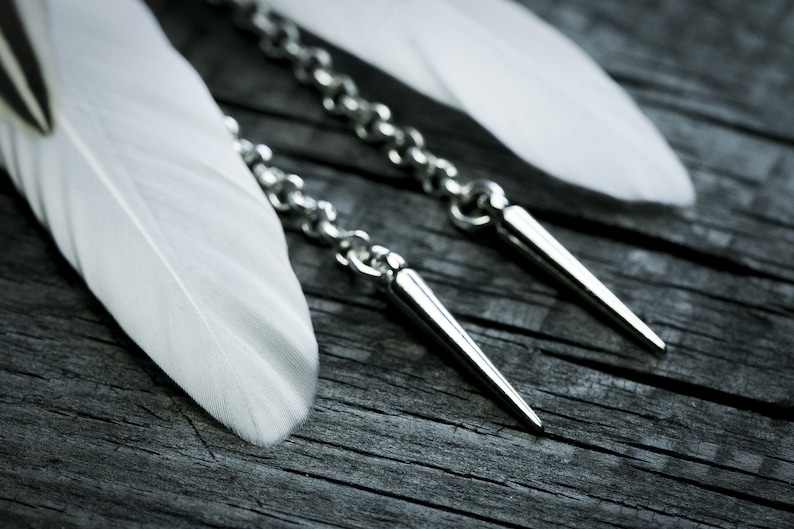 Silver spike feather earrings Long feather earrings Long spike earrings White feather earrings Gift for her Silver spike dangle earring Hoop