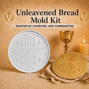 May include: An unleavened bread mold kit featuring a white circular mold with a cross design and small crosses in each quadrant. Beside it sits a baked round bread, a gold chalice, a lit candle, and wheat stalks. Text reads: Unleavened Bread Mold Kit.