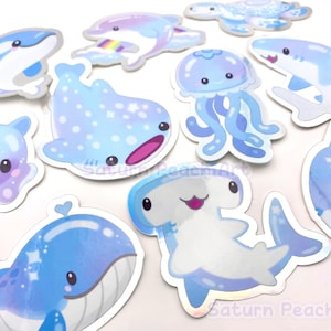 Sparkly Sea Creatures Vinyl Stickers | Ocean Animals | Whale Shark, Jellyfish, Sunfish, Hammerhead, Dolphin, Turtle, Orca image 3