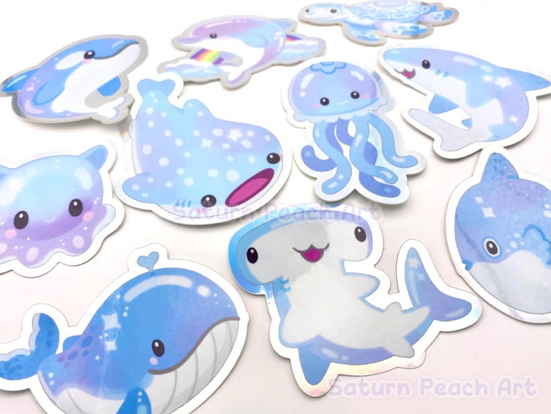 Sparkly Sea Creatures Vinyl Stickers | Ocean Animals | Whale Shark, Jellyfish, Sunfish, Hammerhead, Dolphin, Turtle, Orca image 3