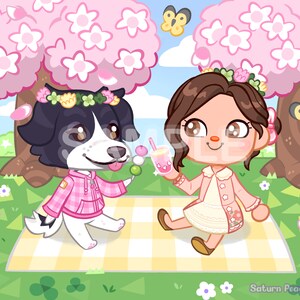 May include: A cartoon illustration of a dog and a person enjoying a picnic under a cherry blossom tree. The dog is wearing a pink hoodie and a flower crown. The person is wearing a pink jacket, a white dress, and a flower crown. They are both holding snacks. The scene is set on a checkered picnic blanket.