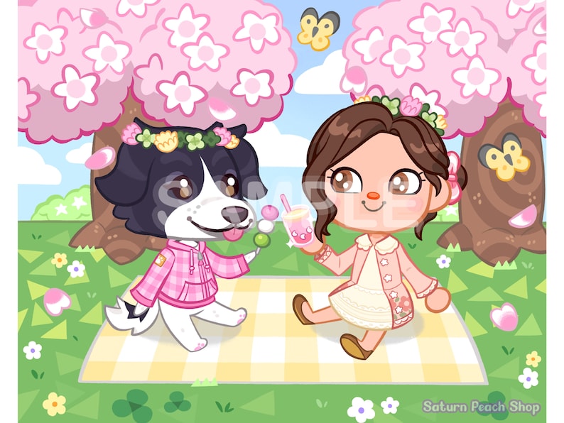 May include: A cartoon illustration of a dog and a person enjoying a picnic under a cherry blossom tree. The dog is wearing a pink hoodie and a flower crown. The person is wearing a pink jacket, a white dress, and a flower crown. They are both holding snacks. The scene is set on a checkered picnic blanket.