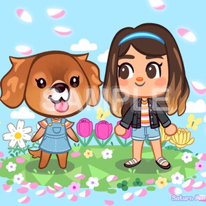 May include: A cartoon illustration of a girl with brown hair wearing a blue headband, a black jacket, a striped shirt, and denim shorts standing next to a brown and white dog wearing a blue overall. The girl and dog are standing on a green grassy area with pink and white flowers and green leaves. The background is a light blue sky with white clouds and pink flower petals falling from the sky.