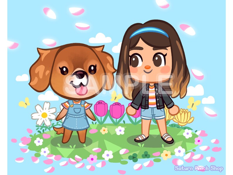 May include: A cartoon illustration of a girl with brown hair wearing a blue headband, a black jacket, a striped shirt, and denim shorts standing next to a brown and white dog wearing a blue overall. The girl and dog are standing on a green grassy area with pink and white flowers and green leaves. The background is a light blue sky with white clouds and pink flower petals falling from the sky.