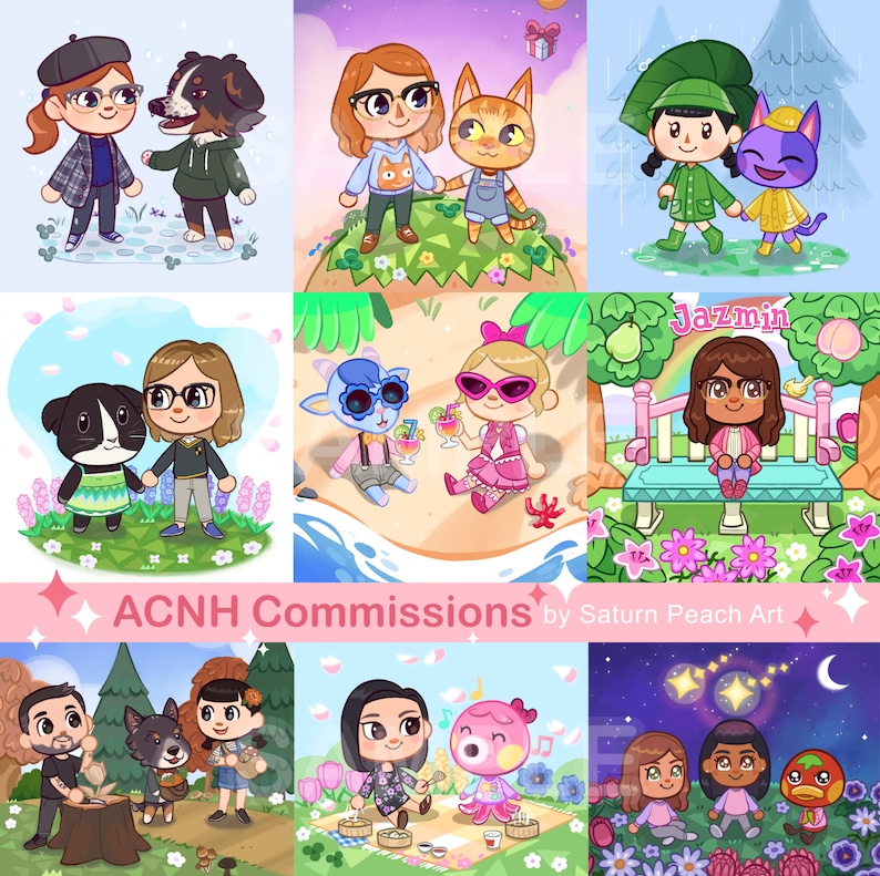 May include: A collage of nine illustrations featuring Animal Crossing: New Horizons characters. Each illustration depicts a different character or group of characters in various settings, including a beach, a forest, and a town square. The illustrations are colorful and whimsical, and they feature a variety of details, such as flowers, trees, and animals.