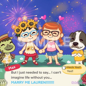 May include: A cartoon couple in a video game setting with fireworks in the background. The female character is wearing a sunflower crown and a pink shirt. The male character is wearing a yellow shirt and a brown hat. The text "MARRY ME LAUREN!!!!!!!!" is displayed in a speech bubble.