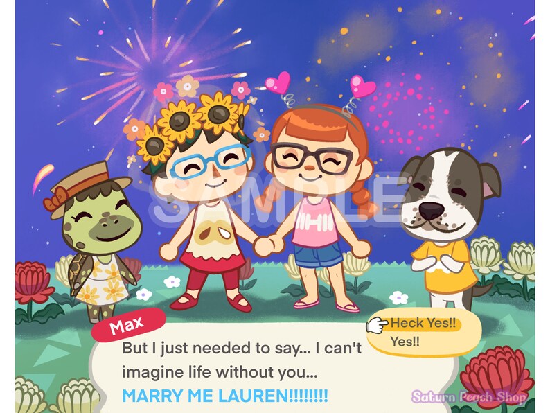 May include: A cartoon couple in a video game setting with fireworks in the background. The female character is wearing a sunflower crown and a pink shirt. The male character is wearing a yellow shirt and a brown hat. The text "MARRY ME LAUREN!!!!!!!!" is displayed in a speech bubble.