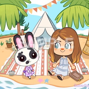 May include: A cartoon illustration of a white rabbit wearing a purple and white floral dress sitting on a beach blanket with a cartoon girl wearing a light blue dress and holding a book. The scene is set on a beach with palm trees and a white tent.