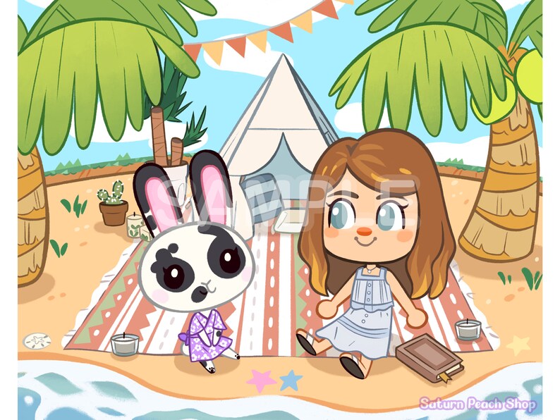 May include: A cartoon illustration of a white rabbit wearing a purple and white floral dress sitting on a beach blanket with a cartoon girl wearing a light blue dress and holding a book. The scene is set on a beach with palm trees and a white tent.