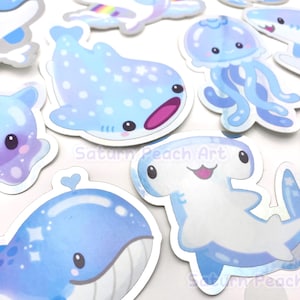 Sparkly Sea Creatures Vinyl Stickers | Ocean Animals | Whale Shark, Jellyfish, Sunfish, Hammerhead, Dolphin, Turtle, Orca image 1