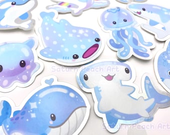 Sparkly Sea Creatures Vinyl Stickers | Ocean Animals | Whale Shark, Jellyfish, Sunfish, Hammerhead, Dolphin, Turtle, Orca
