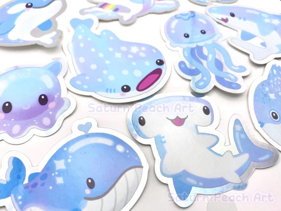 Sparkly Sea Creatures Vinyl Stickers | Ocean Animals | Whale Shark, Jellyfish, Sunfish, Hammerhead, Dolphin, Turtle, Orca