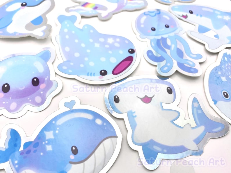 Sparkly Sea Creatures Vinyl Stickers | Ocean Animals | Whale Shark, Jellyfish, Sunfish, Hammerhead, Dolphin, Turtle, Orca image 1
