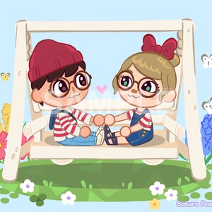 May include: Two cartoon characters, a boy and a girl, are sitting on a white wooden swing set. The boy is wearing a red beanie, a striped shirt, and blue jeans. The girl is wearing a red bow, a striped shirt, and blue overalls. They are both smiling and holding hands. The swing set is surrounded by flowers and butterflies.
