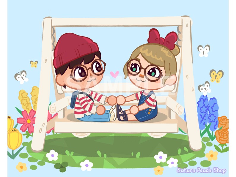 May include: Two cartoon characters, a boy and a girl, are sitting on a white wooden swing set. The boy is wearing a red beanie, a striped shirt, and blue jeans. The girl is wearing a red bow, a striped shirt, and blue overalls. They are both smiling and holding hands. The swing set is surrounded by flowers and butterflies.