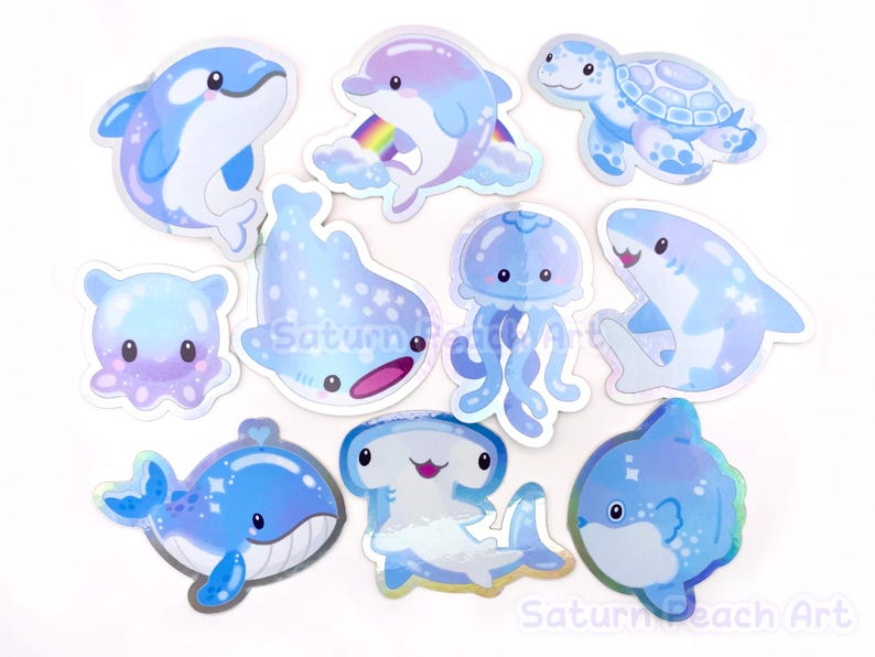 Sparkly Sea Creatures Vinyl Stickers | Ocean Animals | Whale Shark, Jellyfish, Sunfish, Hammerhead, Dolphin, Turtle, Orca image 4