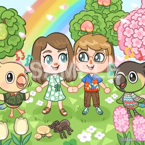 May include: A digital illustration of two people standing in a colorful garden with a rainbow in the background. The people are holding hands and smiling. There are flowers, trees, and a spider in the garden. The text "Saturn Peach Shop" is at the bottom of the image.