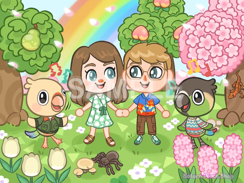 May include: A digital illustration of two people standing in a colorful garden with a rainbow in the background. The people are holding hands and smiling. There are flowers, trees, and a spider in the garden. The text "Saturn Peach Shop" is at the bottom of the image.