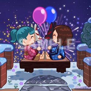 May include: Two cartoon characters, one with teal hair and a pink and white kimono, the other with brown hair and a blue and white kimono, are sitting on a wooden bench. They are both wearing masks and smiling. There are fireworks in the background and a starry night sky.