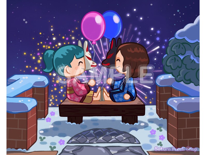May include: Two cartoon characters, one with teal hair and a pink and white kimono, the other with brown hair and a blue and white kimono, are sitting on a wooden bench. They are both wearing masks and smiling. There are fireworks in the background and a starry night sky.