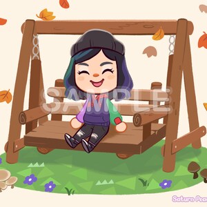 May include: A cartoon character with purple and blue hair wearing a green and purple sweater and a black beanie sits on a wooden swing set. The swing set is surrounded by green grass and brown mushrooms. The background is a light beige color with falling leaves.
