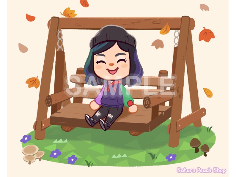 May include: A cartoon character with purple and blue hair wearing a green and purple sweater and a black beanie sits on a wooden swing set. The swing set is surrounded by green grass and brown mushrooms. The background is a light beige color with falling leaves.
