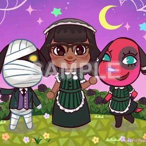 May include: Three animal characters dressed in maid outfits. A white dog with bandages is wearing a black suit and a purple vest. A black dog with glasses is wearing a green and black dress. A red dog with a black patch is wearing a green and black dress. The characters are standing on a green and brown background with flowers and a crescent moon.