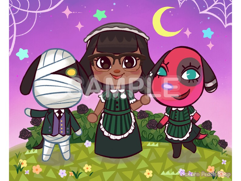 May include: Three animal characters dressed in maid outfits. A white dog with bandages is wearing a black suit and a purple vest. A black dog with glasses is wearing a green and black dress. A red dog with a black patch is wearing a green and black dress. The characters are standing on a green and brown background with flowers and a crescent moon.