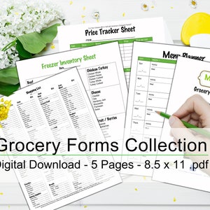 May include: A collection of printable grocery forms, including a shopping list, freezer inventory sheet, price tracker sheet, and menu planner. The forms are designed to help people save money and organise their grocery shopping. The forms are available as a digital download and are 8.5 x 11 inches.