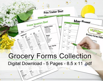 Grocery Forms Collection - Food Shopping List, Grocery Price Tracker, Meal Planner, Menu Prep List, Freezer Inventory Checklist