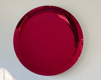 Contemporary Ruby Red Concave Mirror with Brass Clips, Inspired by Space Age decor, Red Mirror, Contemporary Mirror, Hand crafted