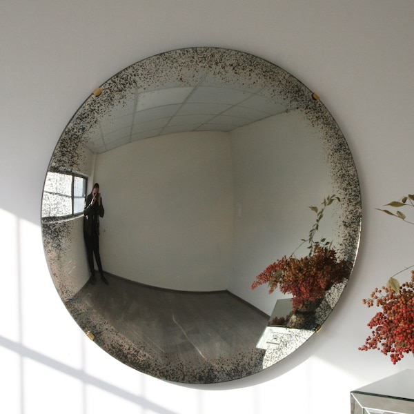 Antiker Konvexer Spiegel mit Messing Clips, Antiker Wandspiegel, Gewölbter Spiegel, Wanddekor, Space Age