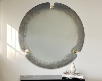 Round Antiqued Mirror with Brass Convex Detailed, Large Wall Mirror, Frameless Antiqued Mirror, Handmade Antiqued Style