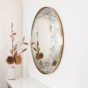 Antiqued Convex Mirror with Brushed Brass Frame, Hand crafted, Wall Mirror, Space Age Decor, Contemporary, Curve Mirror