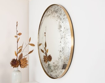 Antiqued Convex Mirror with Brushed Brass Frame, Hand crafted, Wall Mirror, Space Age Decor, Contemporary, Curve Mirror