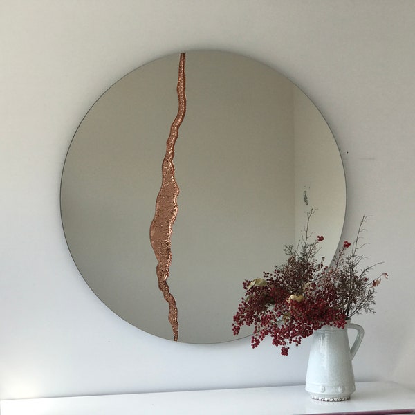 Fracture™ - Contemporary Round Frameless Mirror with Copper Detailed, Hand crafted, Copper Round Mirror