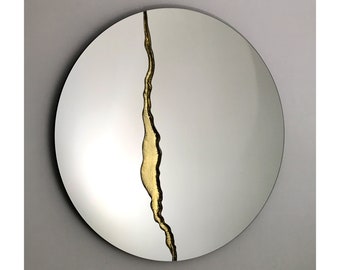 Fracture™ - Contemporary Round Frameless Mirror with Brass Detailed, Hand crafted, Brass Round Mirror
