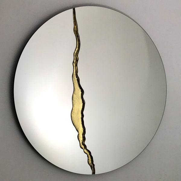 Fracture™ - Contemporary Round Frameless Mirror with Brass Detailed, Hand crafted, Brass Round Mirror