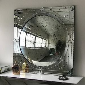 Beveled Antiqued Square Mirror with Convex Mirror, Convex Mirror, Glass Wall Mounted Mirror, OTTO Mirror, Hand crafted