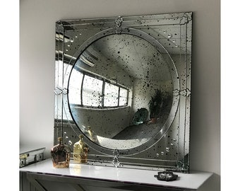 Beveled Antiqued Square Mirror with Convex Mirror, Convex Mirror, Glass Wall Mounted Mirror, OTTO Mirror, Hand crafted
