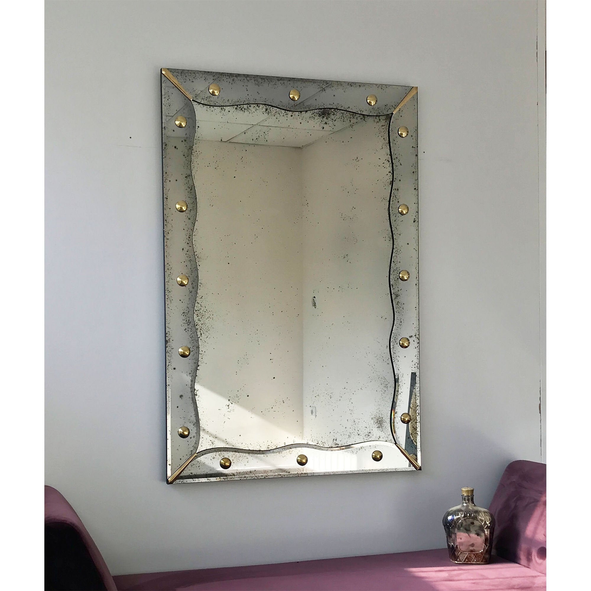 Antiqued Mirror with Brass Detailed, Large Wall Mirror, Frameless Antiqued Mirror, Handmade Antiqued Style, Beveled Mirror