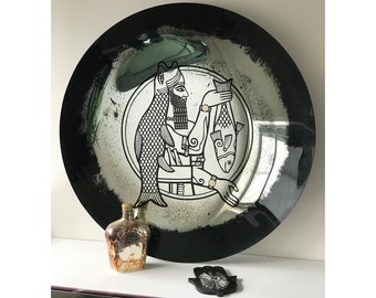 Concave Mirror with Mythological Illustration, Antique Mirror, Mirror Wall Decor, Black Mirror, Aristic Mirror, Mesopotamian Illustration,