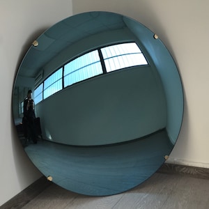 Blue Tinted Convex Mirror with Brass Clips, Hand crafted, Wall Mirror, Tinted Mirror, Blue Mirror, Space Age Decor, Contemporary, Curve