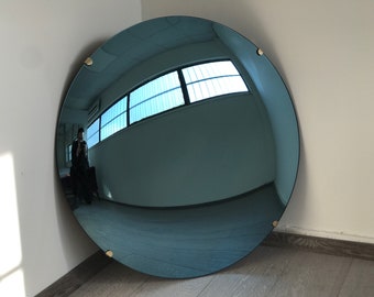 Blue Tinted Convex Mirror with Brass Clips, Hand crafted, Wall Mirror, Tinted Mirror, Blue Mirror, Space Age Decor, Contemporary, Curve