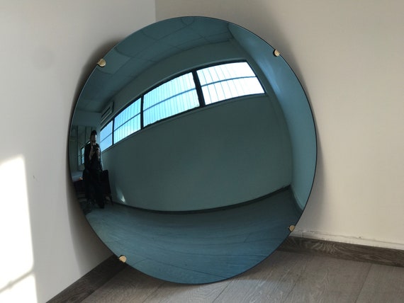 Miroir convexe teinté bleu avec clips en laiton, fabriqué à la main, miroir  mural, miroir teinté, miroir bleu, décor de lère spatiale, contemporain,  courbe -  Canada