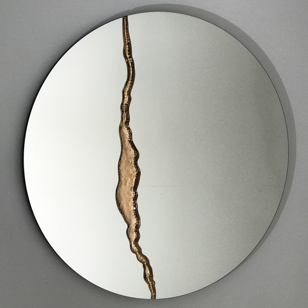 Fracture™ - Contemporary Round Frameless Mirror with Bronze Detailed, Hand crafted, Bronze Round Mirror