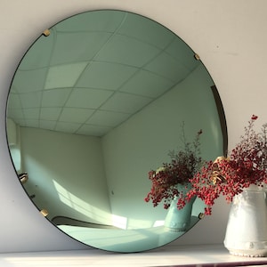 Green Tinted Convex Mirror with Brass Clips, Hand crafted, Wall Mirror, Tinted Mirror, Green Mirror, Space Age Decor, Contemporary, Curve